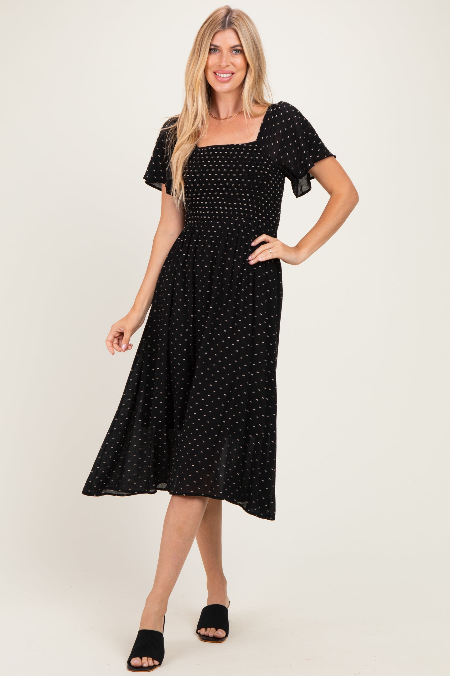 Black Polka Dot Smocked Midi Dress