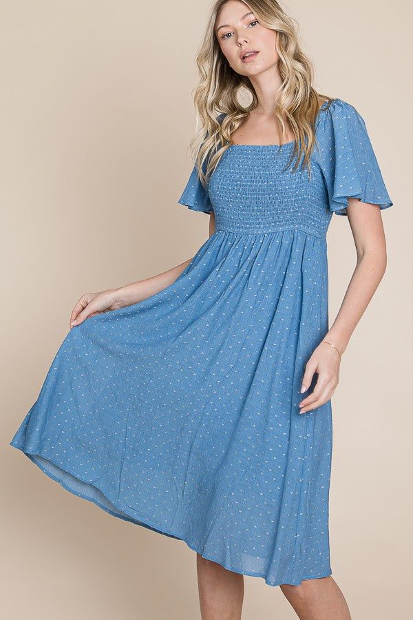 Blue Polka Dot Smocked Midi Dress