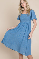 Blue Polka Dot Smocked Midi Dress