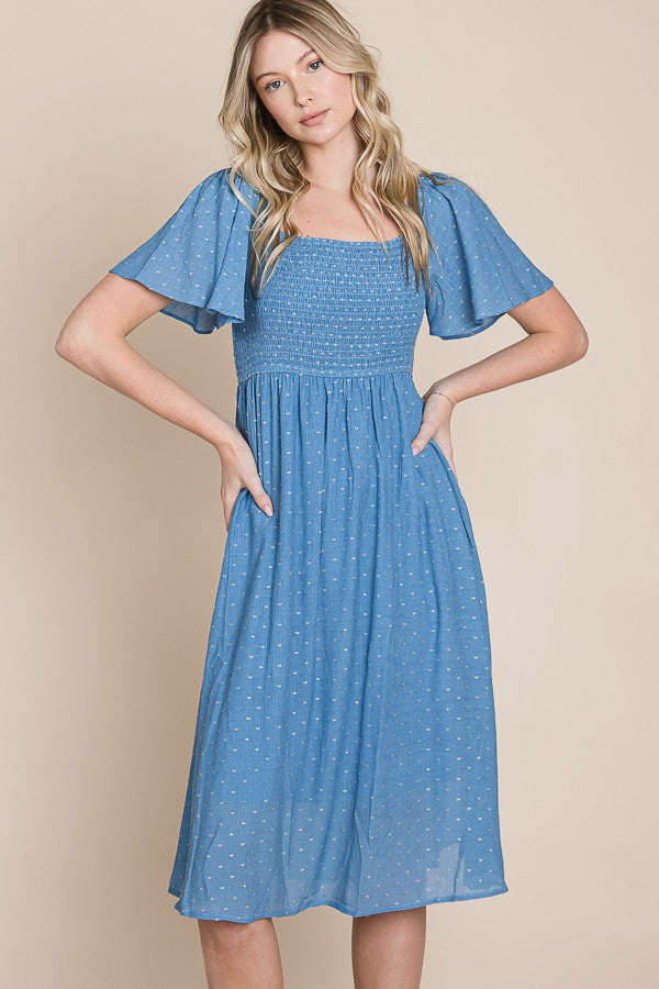 Blue Polka Dot Smocked Midi Dress