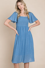Blue Polka Dot Smocked Midi Dress