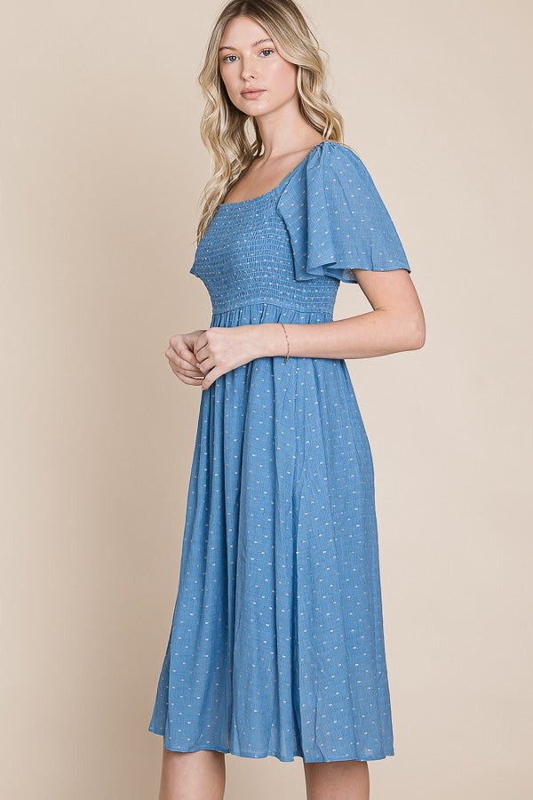 Blue Polka Dot Smocked Midi Dress