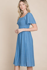 Blue Polka Dot Smocked Midi Dress