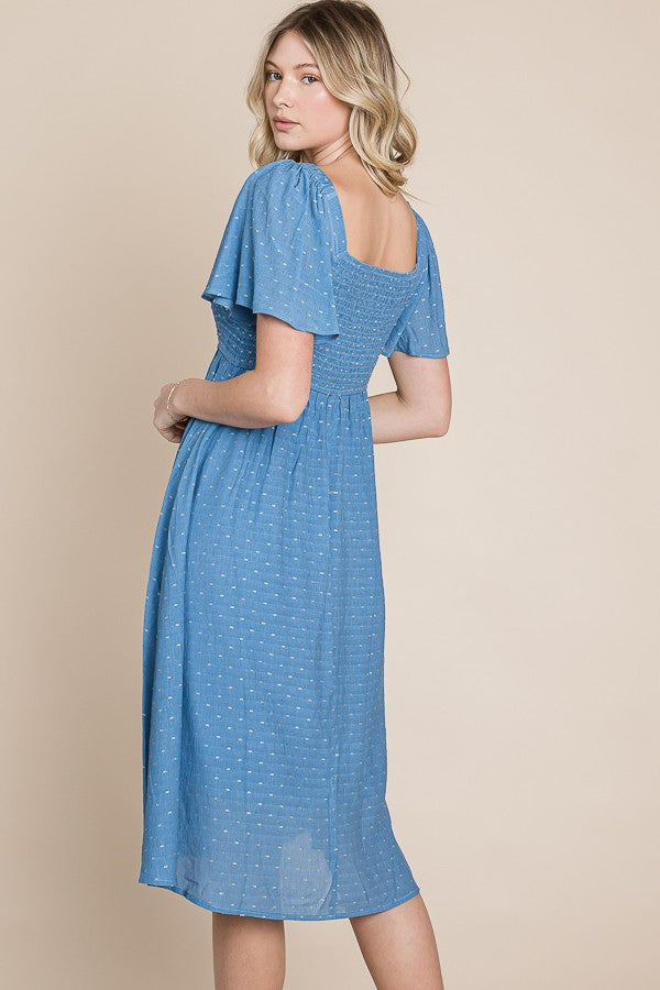 Blue Polka Dot Smocked Midi Dress