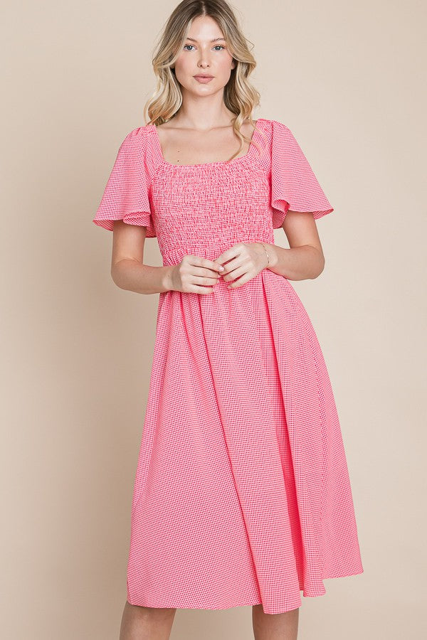 Red Gingham Smocked Maternity Midi Dress