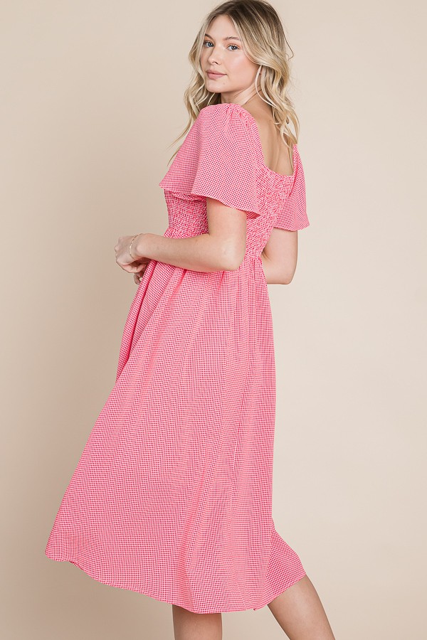 Red Gingham Smocked Midi Dress