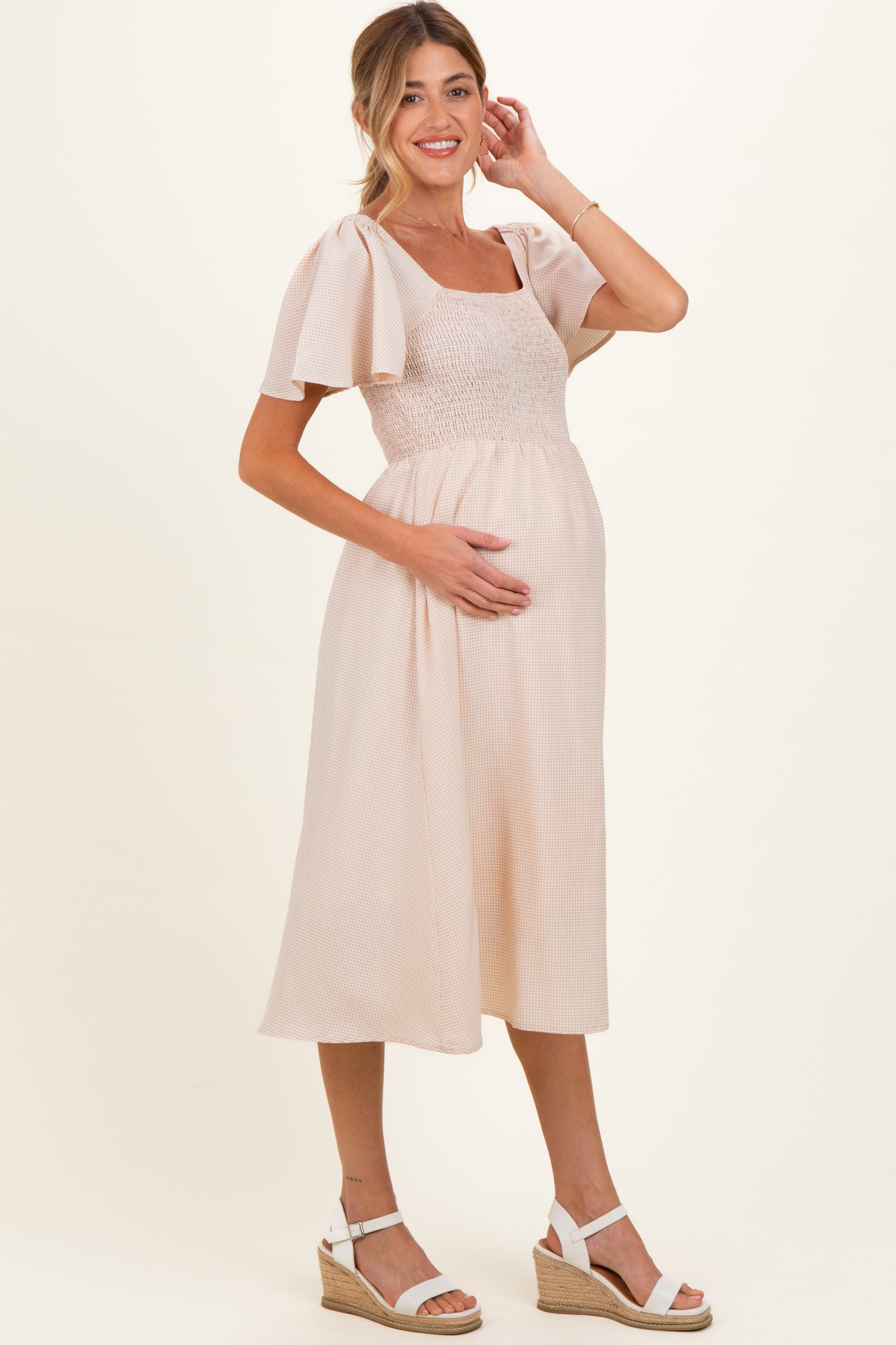Biege Gingham Smocked Maternity Midi Dress