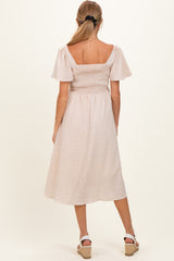 Biege Gingham Smocked Maternity Midi Dress