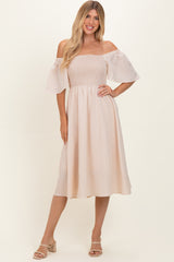 Biege Gingham Smocked Maternity Midi Dress