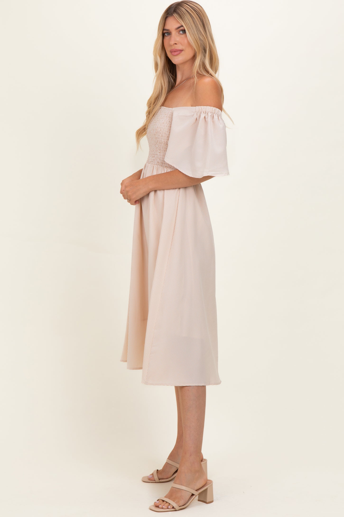 Biege Gingham Smocked Midi Dress