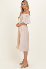 Biege Gingham Smocked Midi Dress