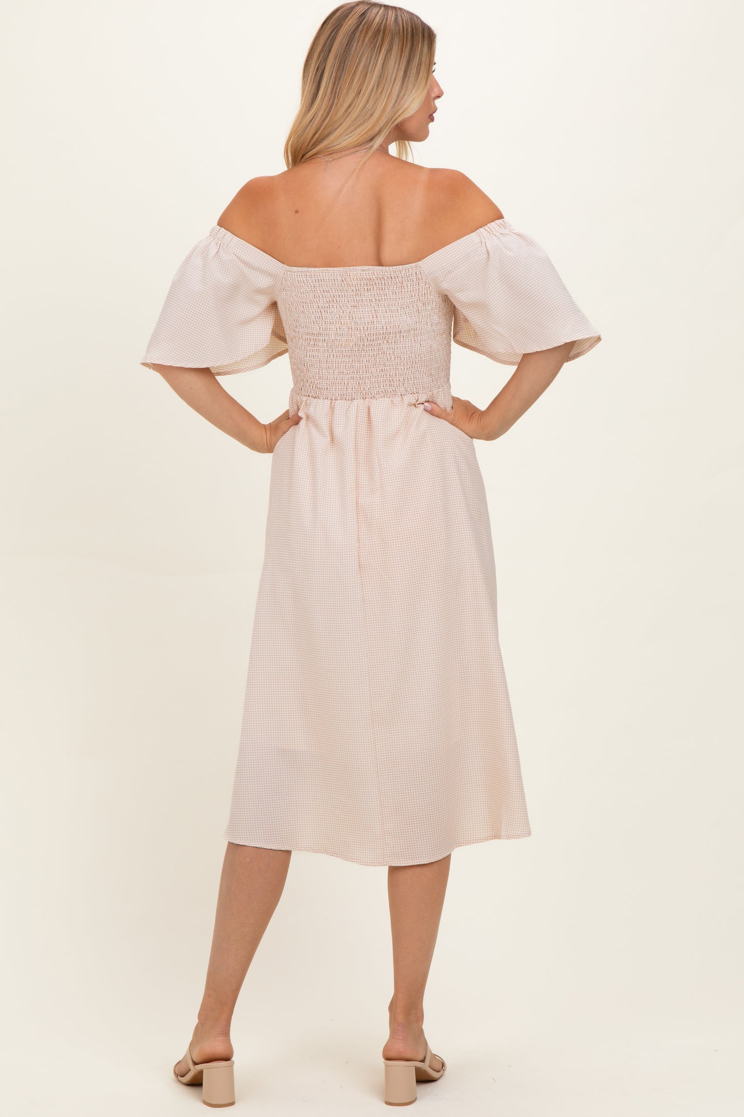 Biege Gingham Smocked Midi Dress