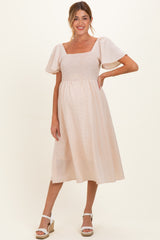 Biege Gingham Smocked Maternity Midi Dress
