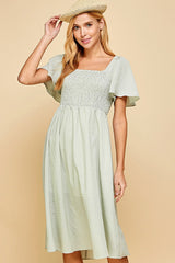 Light Sage Gingham Smocked Maternity Midi Dress