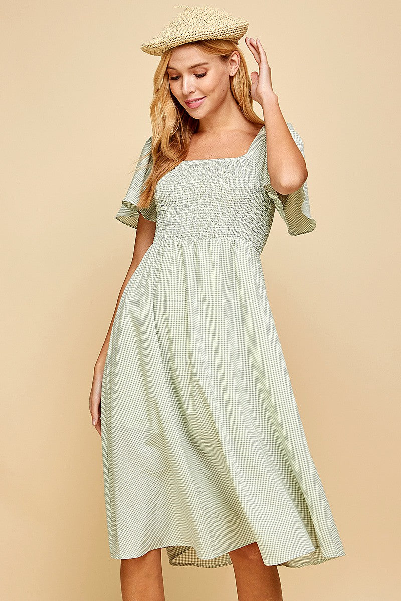 Light Sage Gingham Smocked Midi Dress