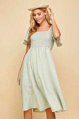 Light Sage Gingham Smocked Midi Dress