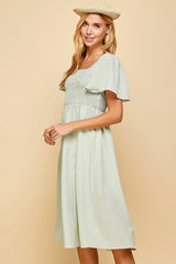 Light Sage Gingham Smocked Midi Dress