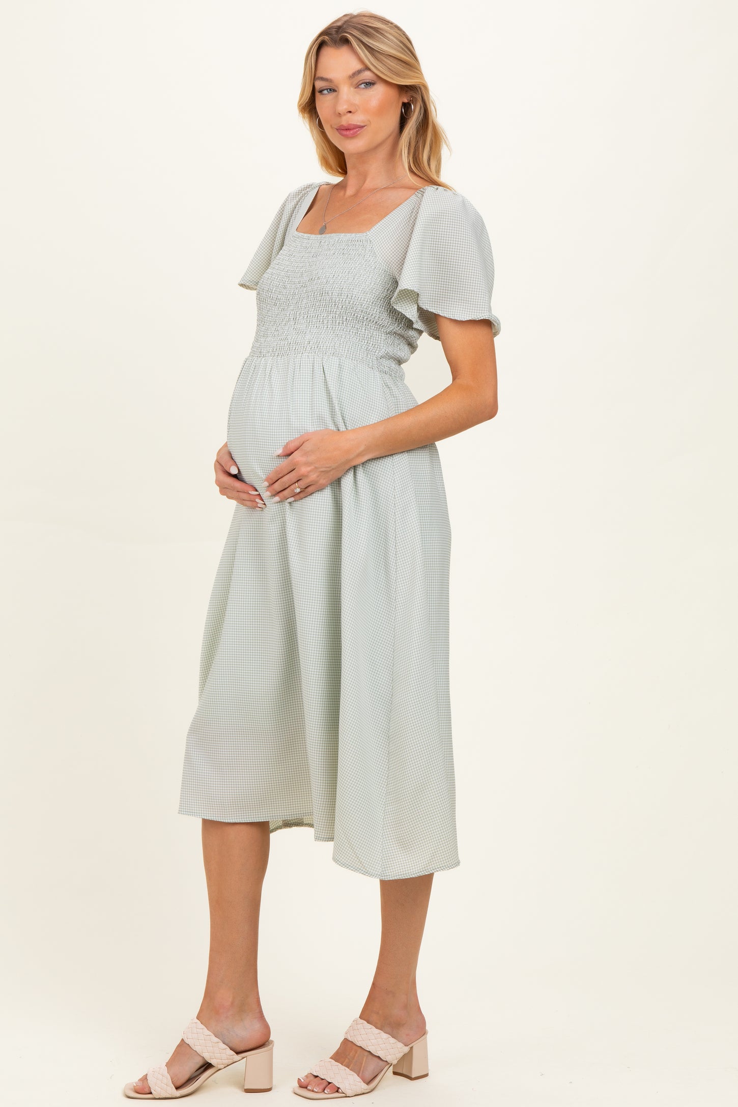 Light Sage Gingham Smocked Maternity Midi Dress