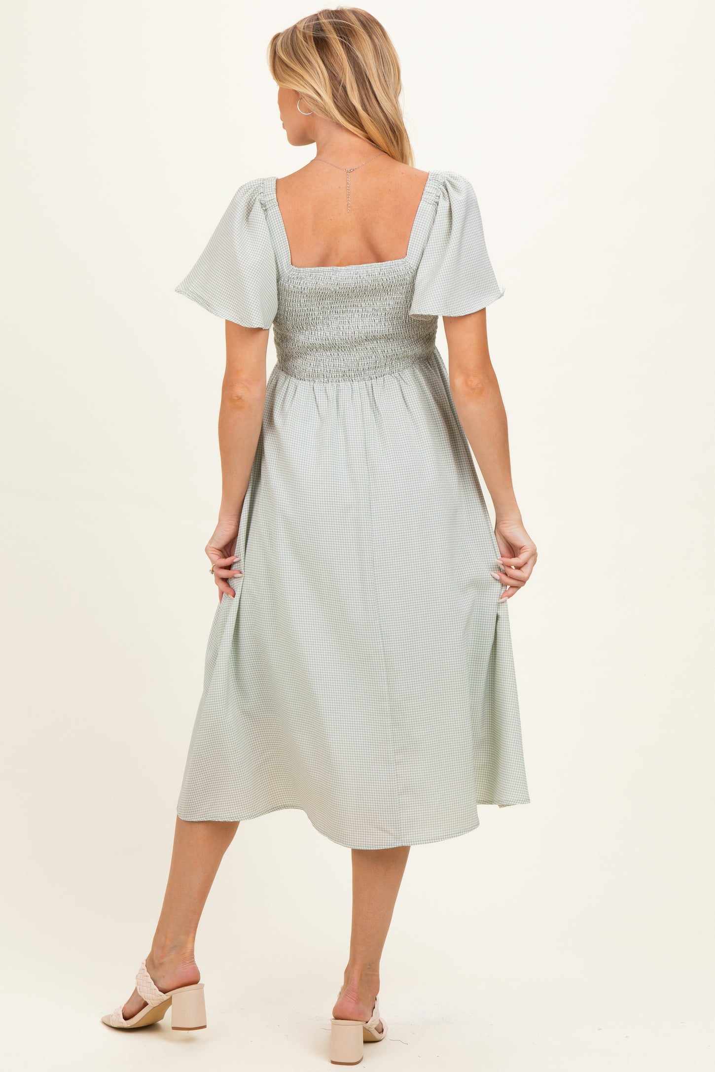 Light Sage Gingham Smocked Maternity Midi Dress