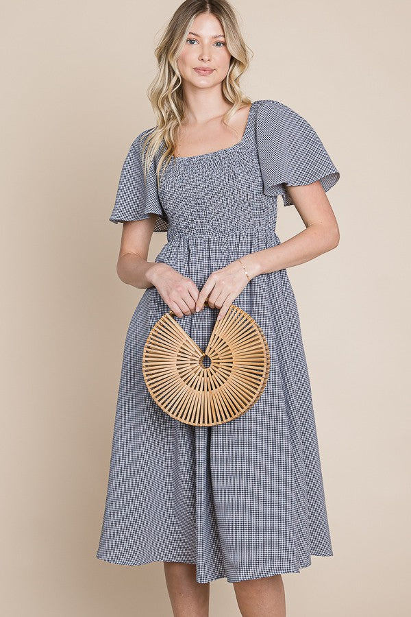 Navy Gingham Smocked Midi Dress