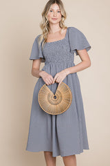 Navy Gingham Smocked Midi Dress