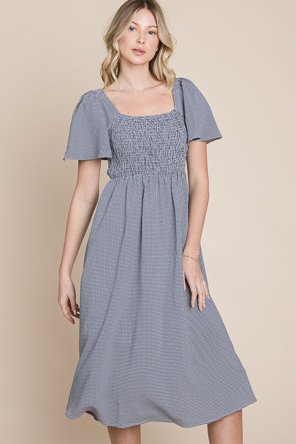 Navy Gingham Smocked Midi Dress