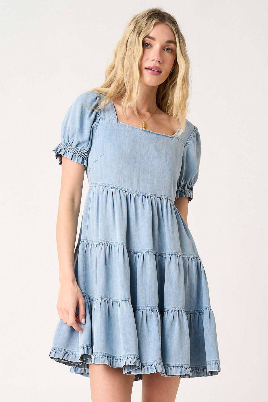 Light Blue Denim Washed Chambray Tiered Babydoll Maternity Mini Dress