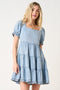 Light Blue Denim Washed Chambray Tiered Babydoll Mini Dress