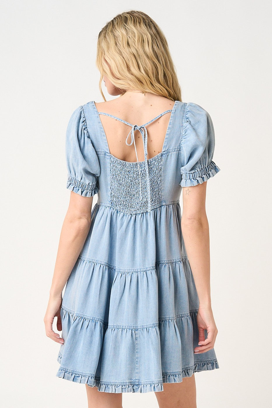 Light Blue Denim Washed Chambray Tiered Babydoll Mini Dress