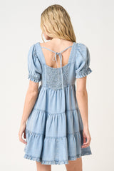 Light Blue Denim Washed Chambray Tiered Babydoll Mini Dress