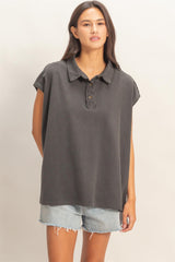Black Pigment Dye Sleeveless Polo Oversized Top