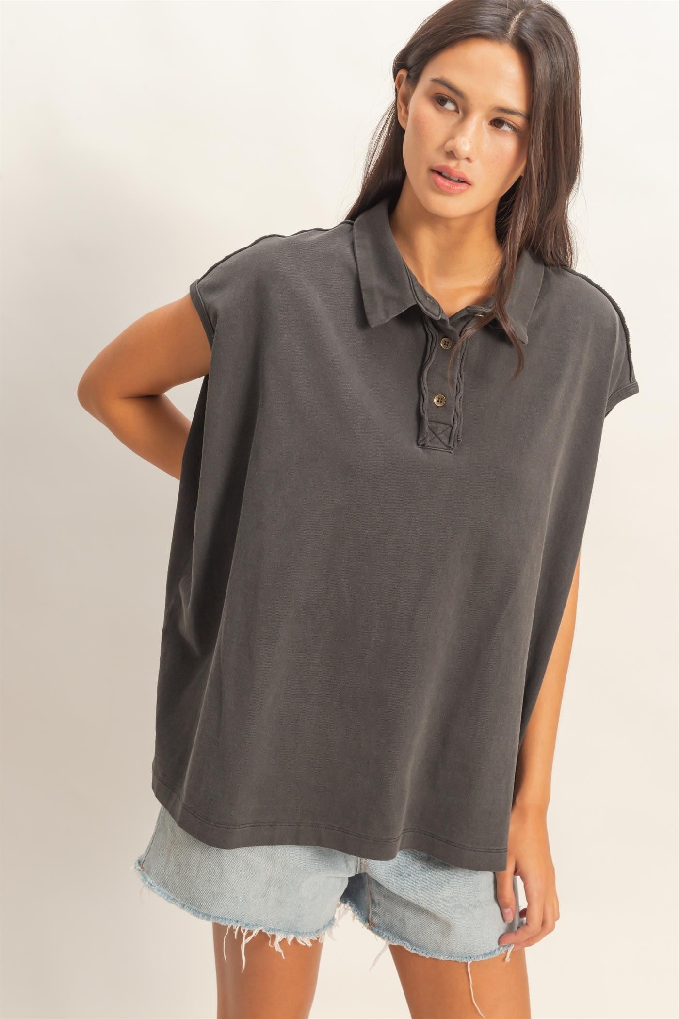 Black Pigment Dye Sleeveless Polo Oversized Top