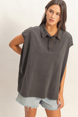 Black Pigment Dye Sleeveless Polo Oversized Top