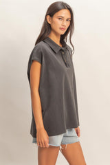 Black Pigment Dye Sleeveless Polo Oversized Top