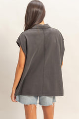 Black Pigment Dye Sleeveless Polo Oversized Top