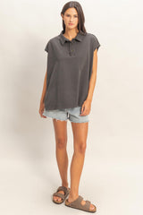 Black Pigment Dye Sleeveless Polo Oversized Top