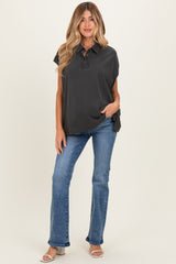 Black Pigment Dye Sleeveless Polo Oversized Maternity Top
