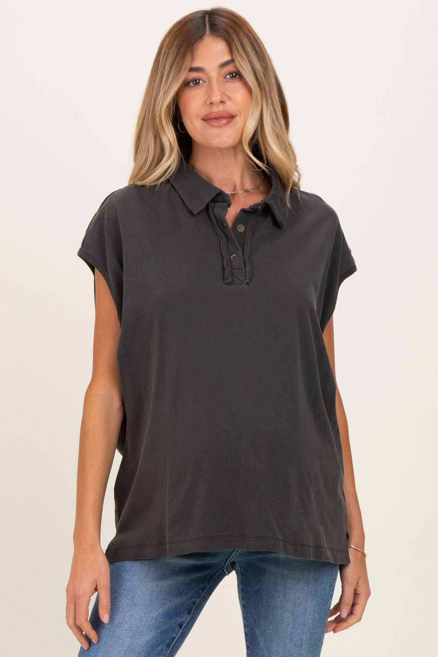 Black Pigment Dye Sleeveless Polo Oversized Maternity Top