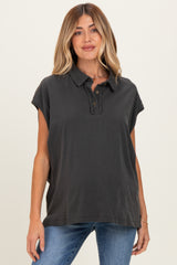 Black Pigment Dye Sleeveless Polo Oversized Maternity Top