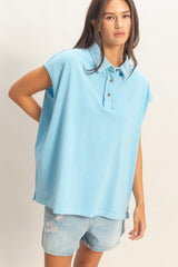 Light Blue Pigment Dye Sleeveless Polo Oversized Top