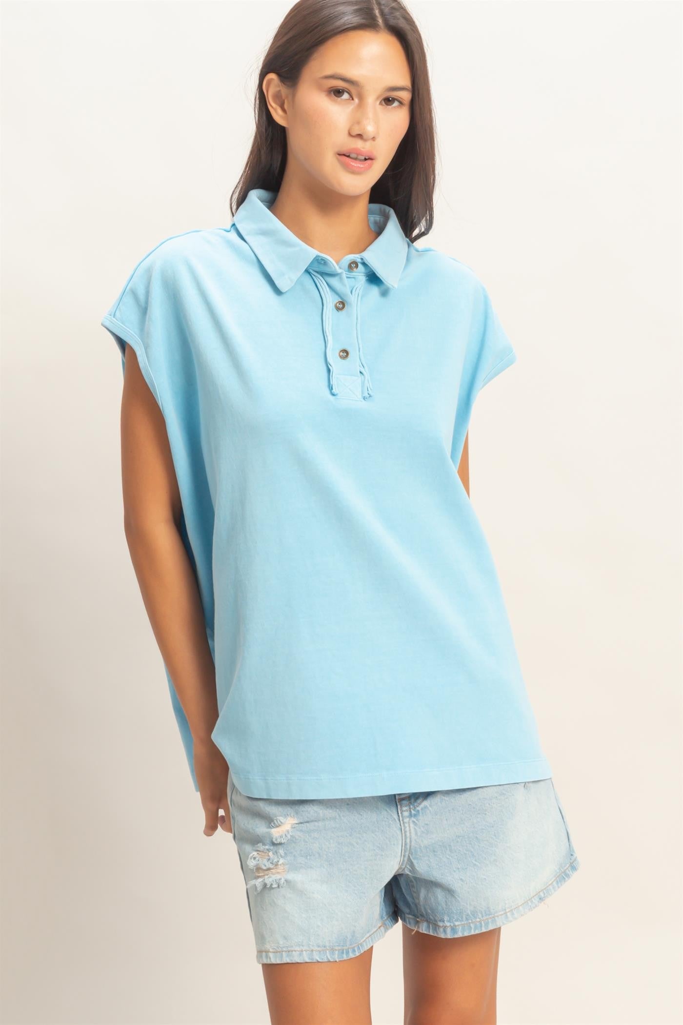 Light Blue Pigment Dye Sleeveless Polo Oversized Top