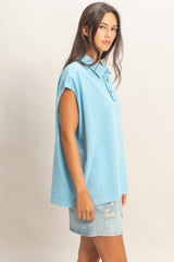 Light Blue Pigment Dye Sleeveless Polo Oversized Top