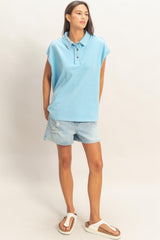 Light Blue Pigment Dye Sleeveless Polo Oversized Top
