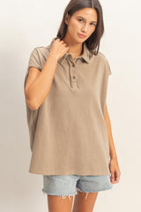 Mocha Pigment Dye Sleeveless Polo Oversized Top