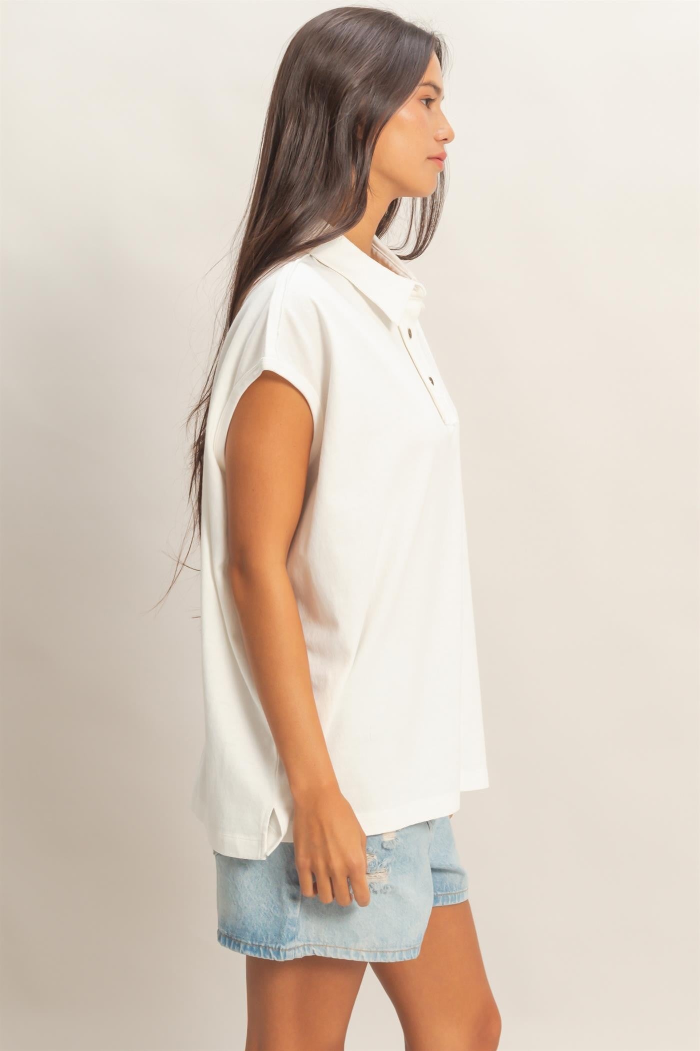 Ivory Pigment Dye Sleeveless Polo Oversized Top