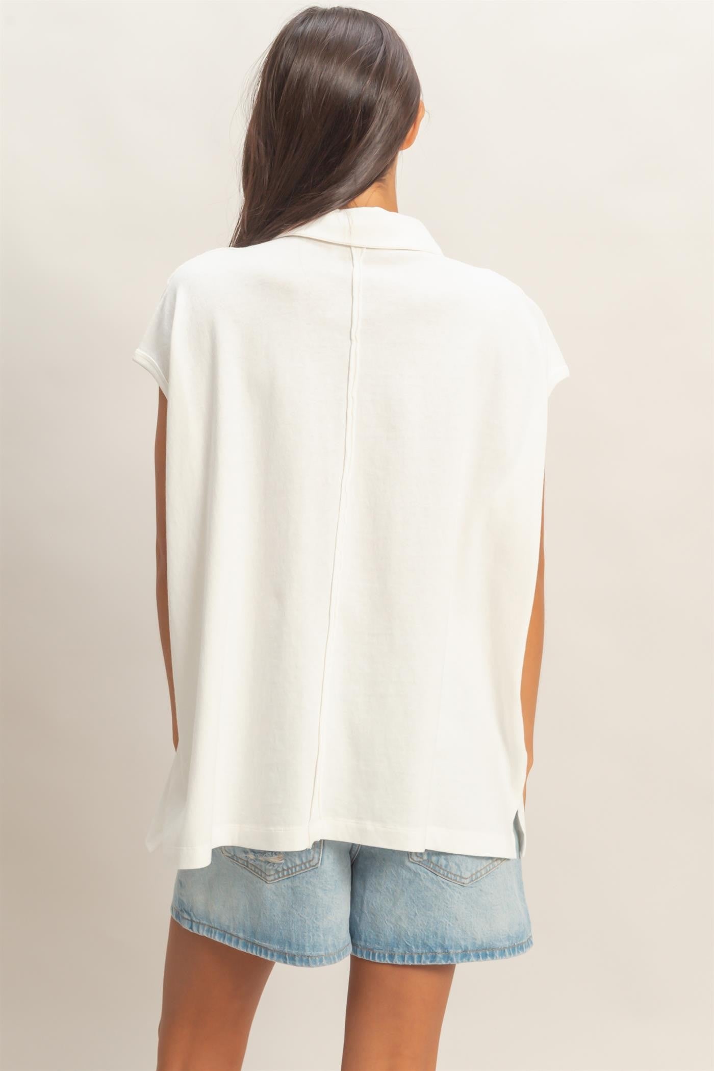 Ivory Pigment Dye Sleeveless Polo Oversized Top