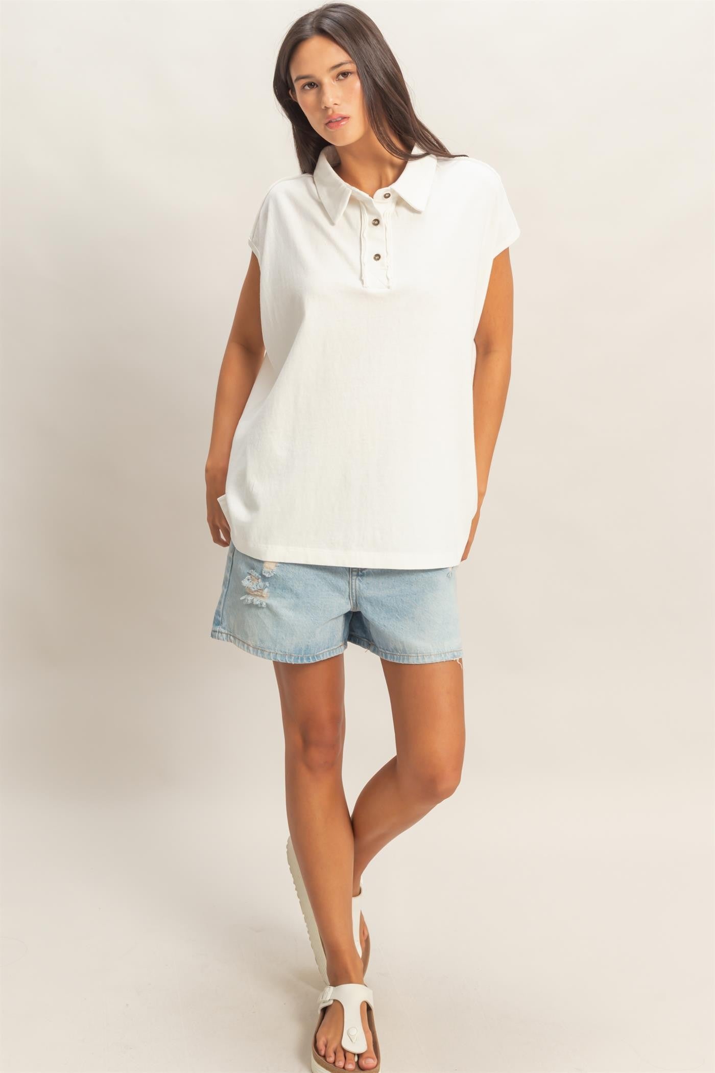 Ivory Pigment Dye Sleeveless Polo Oversized Top