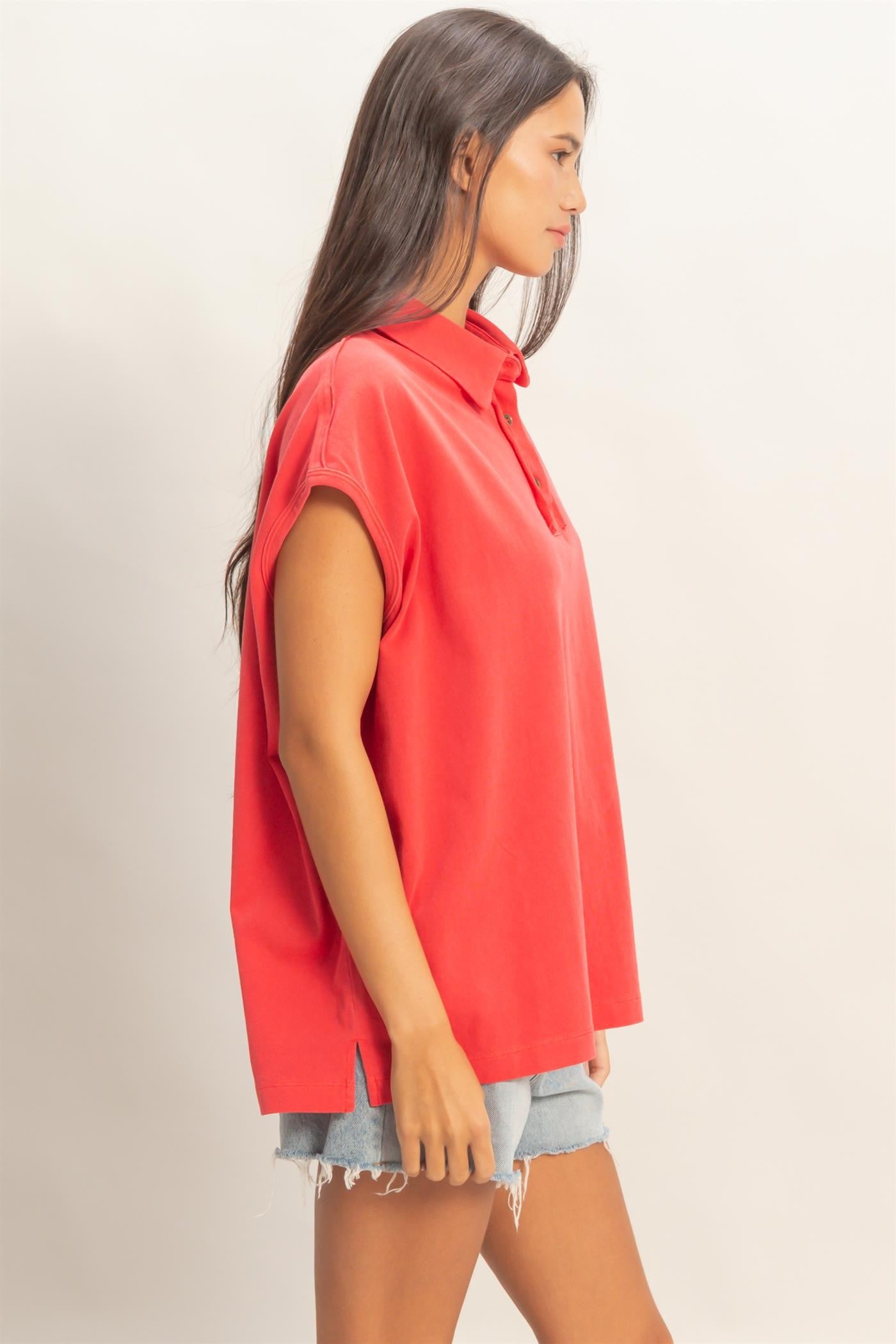 Red Pigment Dye Sleeveless Polo Oversized Top