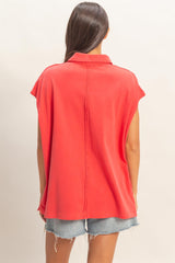 Red Pigment Dye Sleeveless Polo Oversized Top