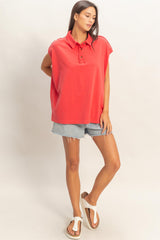 Red Pigment Dye Sleeveless Polo Oversized Top